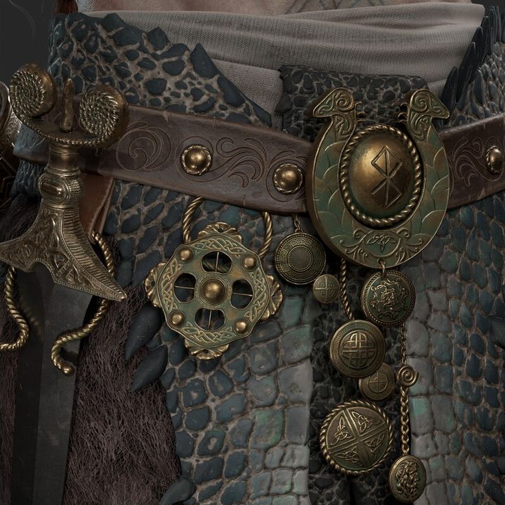 the image is a detailed closeup 3d render of a richly decorated belt and accompanying jewelry worn by a fantasy character, possibly inspired by viking or celtic cultures. the belt is made of brown leather with intricate goldcolored metalwork and studs.  a large horseshoeshaped ornament with a central rune is prominently featured. numerous smaller pendants and amulets, many with celtic knotwork, dangle from the belt. the fabric beneath the belt appears to have a scaled or mosaic texture. the overall style is dark, detailed, and evokes a sense of ancient craftsmanship and mythical lore.  it likely comes from a video game or similar digital art project.