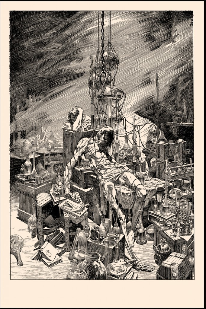 the image depicts a scene of macabre science or alchemy. a man, seemingly deceased, lies strapped to a chair or table in the middle of a chaotic laboratory. tubes, vials, and strange apparatus surround him, suggesting experimentation or torture. the lighting is dramatic, casting deep shadows and highlighting the central figure's agony. the overall atmosphere is one of darkness, suffering, and the potential consequences of unchecked ambition.