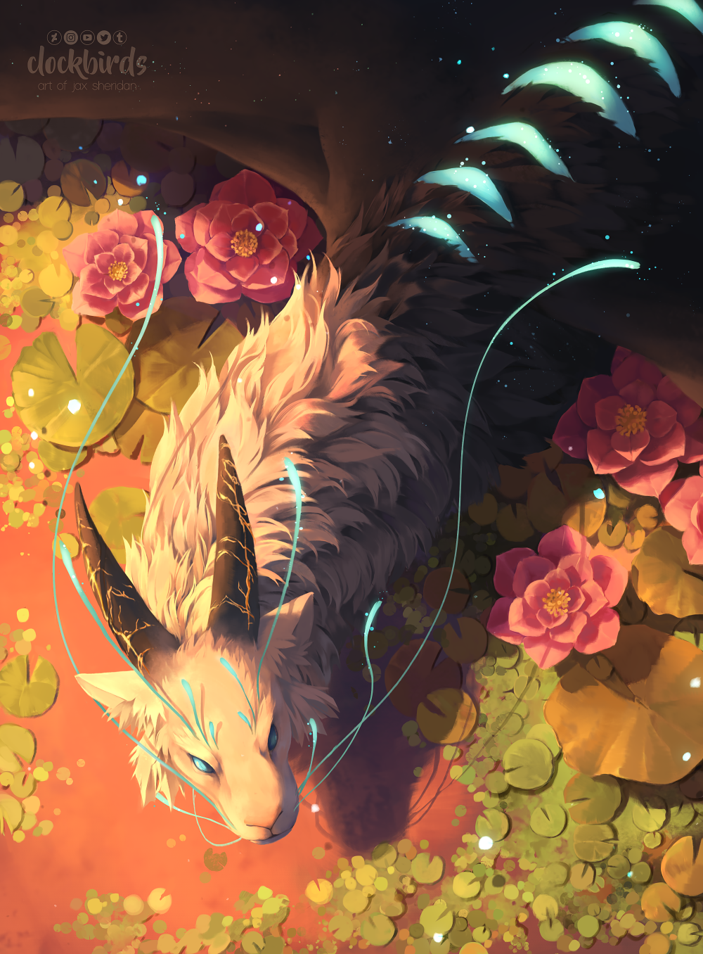 the image showcases a mythical dragonlike creature resting atop a serene pond adorned with vibrant water lilies. bathed in the warm hues of a setting sun, the creature, characterized by its fluffy white fur, long, flowing tail tipped with luminescent blue spines, and striking blue markings around its eyes and horns, exudes an aura of tranquility and magic. the aerial perspective provides a captivating view of the creature and its surroundings.