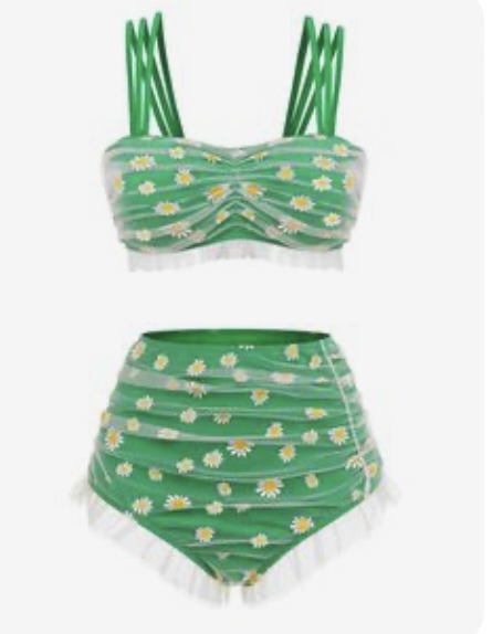 this is a studio shot of a green twopiece bikini with a daisy pattern. the bikini top has a sweetheart neckline and thin straps, while the bottoms are highwaisted with a ruffled edge.