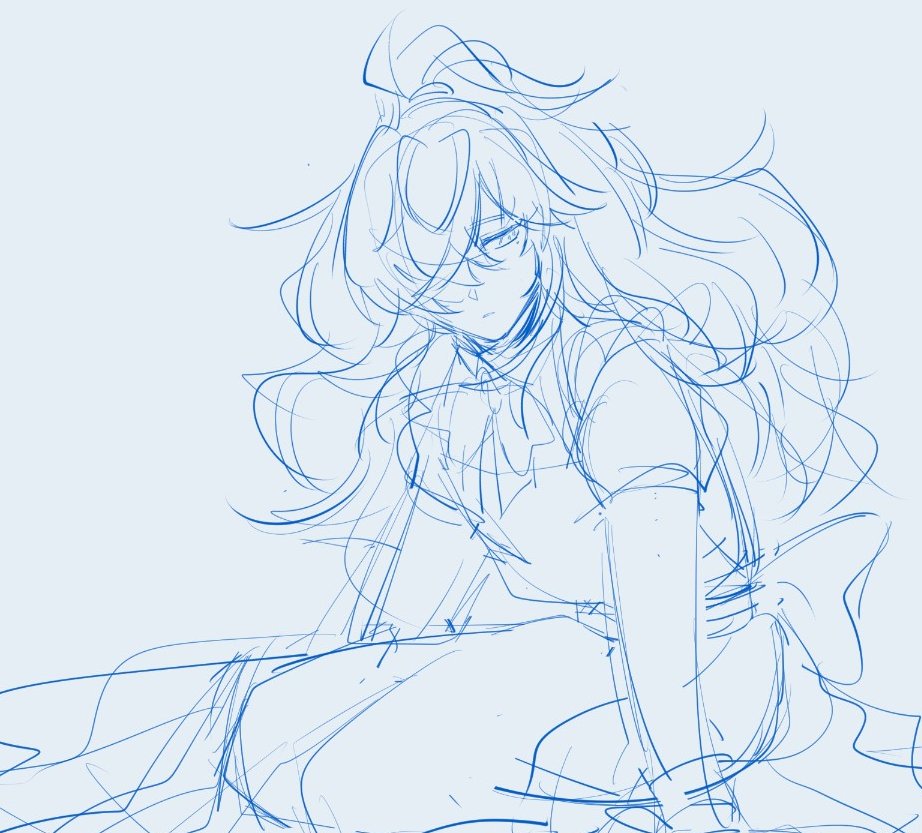 a blue sketch of an anime girl with long flowing hair sitting and looking down. the sketch is done in a light blue color, with lines that are not very welldefined. the girl appears to be wearing a dress or skirt. the drawing is a rough sketch and not fully detailed. the lines are scratchy and there is a lot of crosshatching. the background is white and the girl is the only subject in the image.