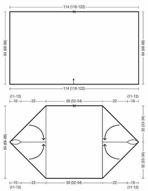 the image contains two diagrams showing dimensions and measurements. the first diagram depicts a rectangular shape with a width of 114 (or between 118122) and a height of 64 (or between 6668). the second diagram is a more complex shape resembling a stretched hexagon or two trapezoids connected by a rectangle. the measurements include segments of 10 (or between 1112), 22, 50 (or between 5254), and 32 (or between 3334). the total height on the left and right is labeled as 64 (or between 6668). there are also curved arrows within the trapezoidal shapes, likely indicating folding or symmetry.