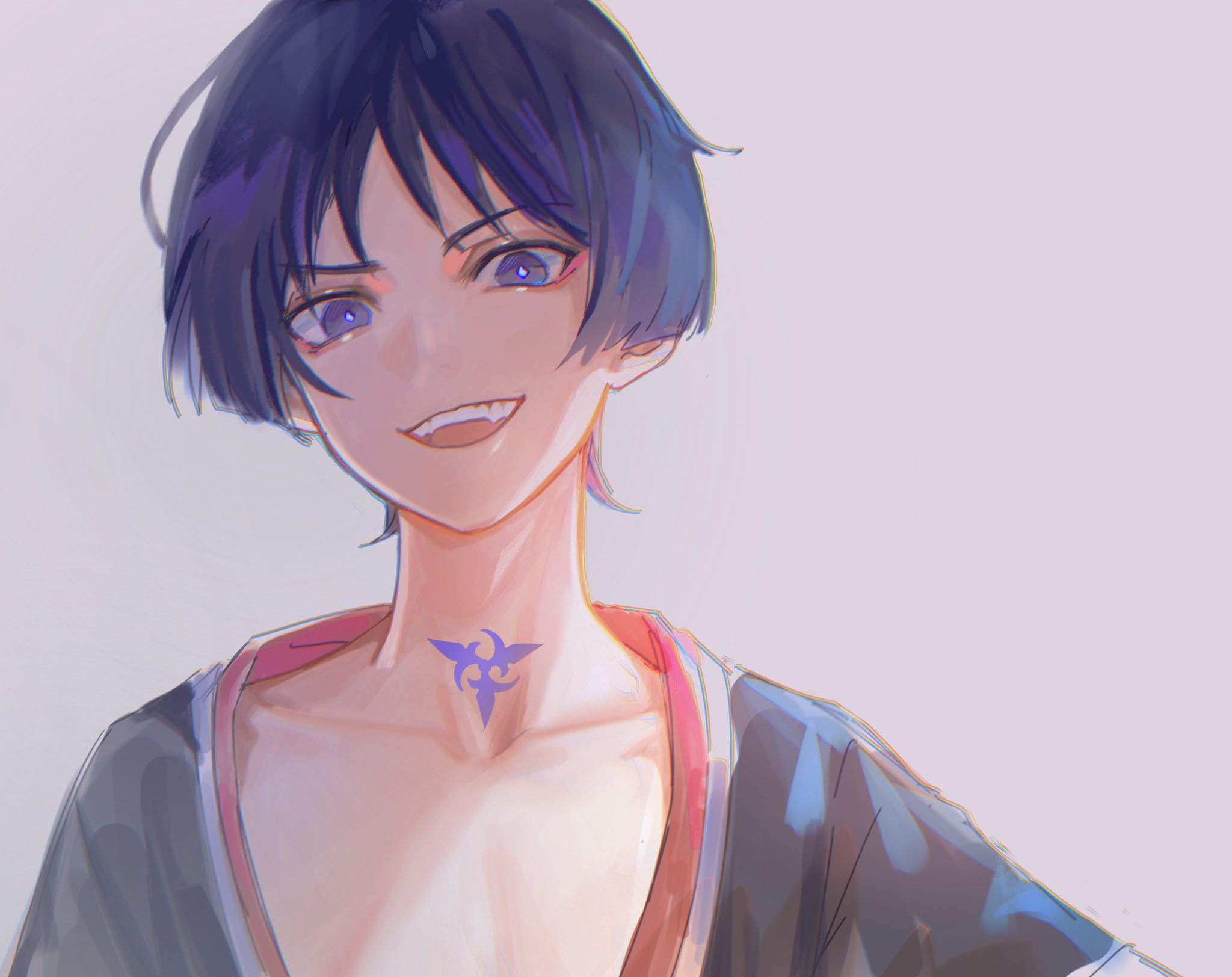 a portrait of a male anime character with purple eyes and black hair. he is smiling slightly and looking to the right. he has a black necklace with a tattoo on his neck, a white and red inner shirt, and a black outer kimonolike garment. the background is light pink. the character appears to be in a thoughtful or calm mood. the drawing style is digital, with a soft and slightly blurry feel. the character appears to be in their teens.