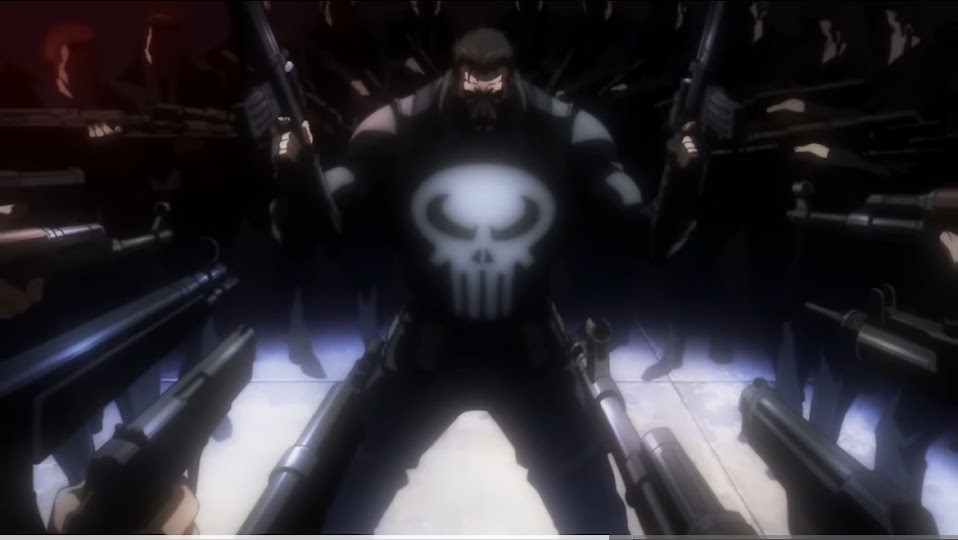 the punisher stands in a dark room surrounded by soldiers, all holding assault rifles. the punisher is wearing his signature black costume with his white skull emblem on his chest. he is silhouetted against the dark background. he is holding a gun in each hand, ready for battle. the scene is dark and tense, creating a sense of danger and suspense.
