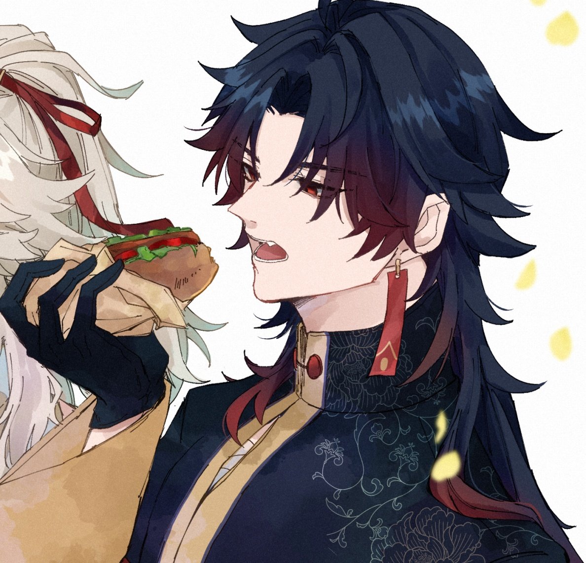 this is an illustration of two anime characters. the character on the left has long white hair and is wearing a yellow and tan outfit. the character on the right has long black hair with red streaks. he has  red earrings. they are both smiling and looking in different directions. the character on the left is holding food. they are both drawn in a modern anime style. the background is white.