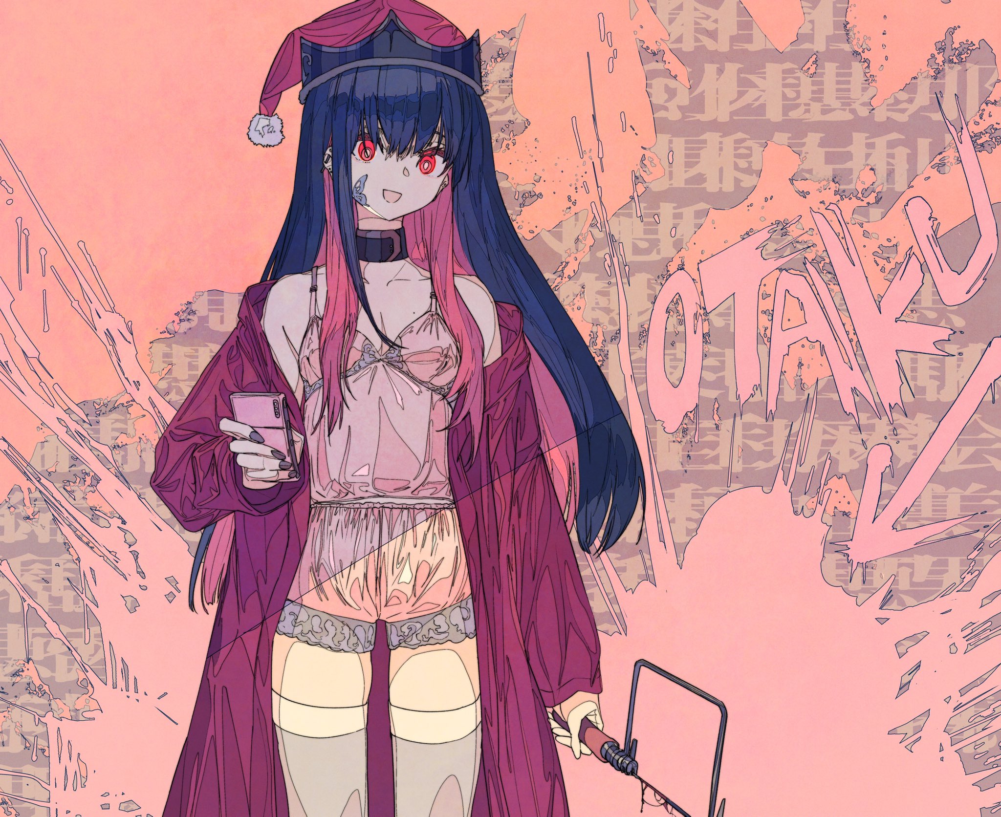the image is a digital illustration of an animestyle girl. she has long dark blue hair with pink highlights, red eyes, and is wearing a santa hat. her outfit consists of a pink sliplike lingerie set layered under a long purple robe. she's holding a cell phone in one hand and what appears to be a rusty, makeshift weapon in the other.  the background is a textured pink and peach color with stylized japanese text and graffitilike elements creating a grunge aesthetic. the overall style leans toward cyberpunk or alternative fashion, with a blend of cute and edgy elements. the word "otaaku" is prominently displayed in the background.