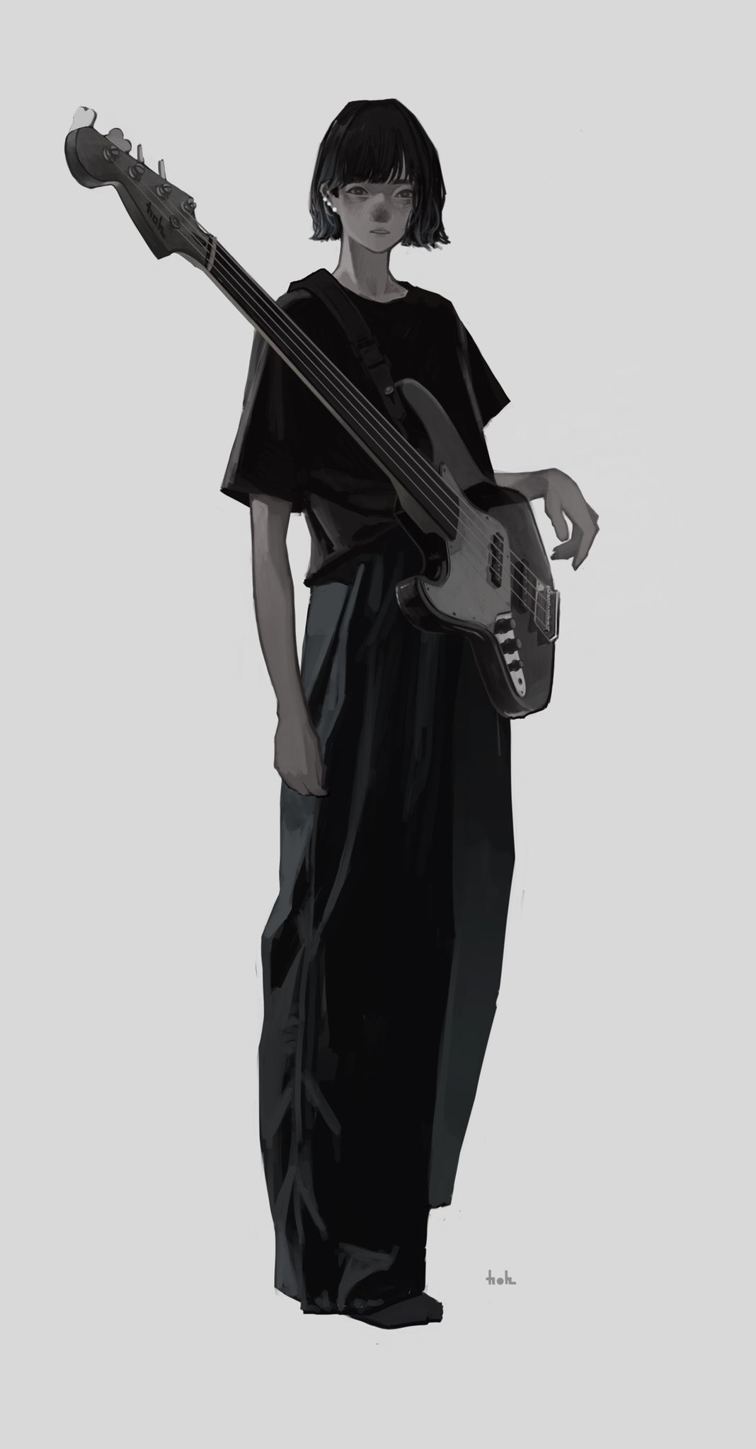the image is a stylized illustration or digital painting of a young woman, possibly a teenager or young adult, standing and holding a bass guitar.  she is depicted in a monochromatic color scheme of grays and blacks, giving it a moody and somewhat melancholic atmosphere. her clothing consists of a simple black tshirt and loosefitting black pants.  her hair is short, dark, and styled in a bob.  the overall style is reminiscent of anime or manga, but with a more realistic rendering of the figure and less exaggerated features.  the composition focuses tightly on the woman, and the background is plain, drawing all attention to her. the bass guitar is prominently featured, suggesting her profession or hobby as a musician. the overall feeling is one of quiet confidence and understated coolness.