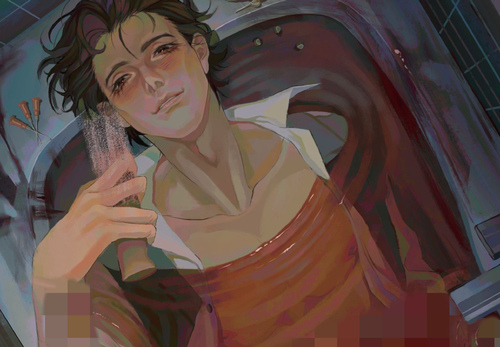 this image is a digital illustration of an anime woman lying in a bloody bathtub. she is holding a knife and appears to be dead. the illustration is in a horror style, with dark colors and a sense of dread. the woman's eyes are closed and her face is pale. her clothing is stained with blood. the bathroom is dark and ominous, with only a small light coming from the window. the image is suggestive of violence and death.
