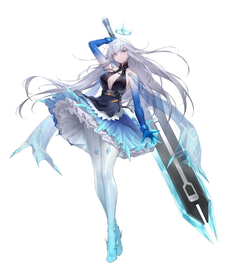 this is a digital illustration of an anime girl with long white hair and blue eyes. she is wearing a blue and white dress with a black top and gloves. she is holding a large sword with an ice blade. the background is white.  she is standing with one foot on a raised platform.