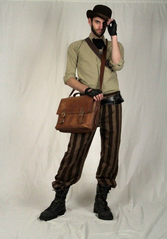 a fullbody shot of a man dressed in steampunk fashion. he's wearing a beige shirt, brown striped pants, black boots, a bowler hat, and leather gloves.  he carries a brown leather briefcase and has on a belt with a buckle.  the background is a plain white backdrop. the overall style is reminiscent of a victorianera gentleman with a futuristic twist.