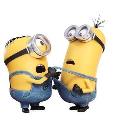 two yellow minions are featured. one minion is pulling down the overalls of the other. both are wearing goggles and overalls. the overall tone is playful and comedic.