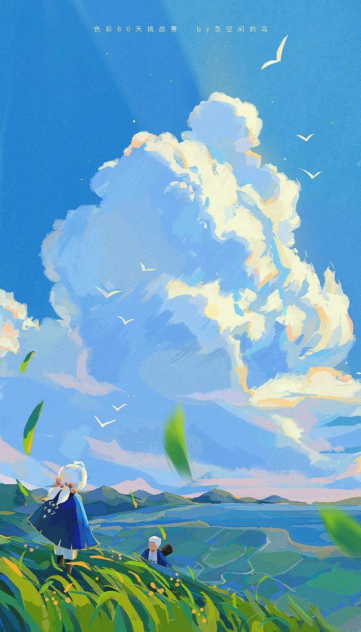 the image depicts a vibrant landscape painting featuring two figures, clad in cloaks, standing on a verdant hillside. they gaze out towards a breathtaking vista of rolling hills and a distant mountain range. the sky above is a captivating cerulean hue, dominated by a massive, billowing white cloud. several birds soar gracefully amidst the azure expanse, adding to the sense of tranquility and vastness. the scene is bathed in soft, natural daylight, creating a warm and inviting atmosphere. the low angle perspective emphasizes the grandeur of the cloud and the expansive nature of the scenery.