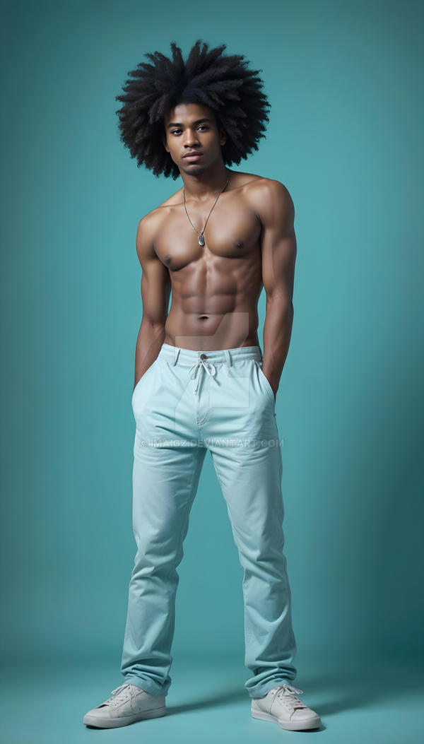 a fulllength studio shot of a young, muscular, shirtless black man with an afro hairstyle. he is posing confidently with his hands in his pockets. he's wearing light blue casual pants and white sneakers against a teal backdrop.  the image emphasizes his welldefined physique and stylish appearance.