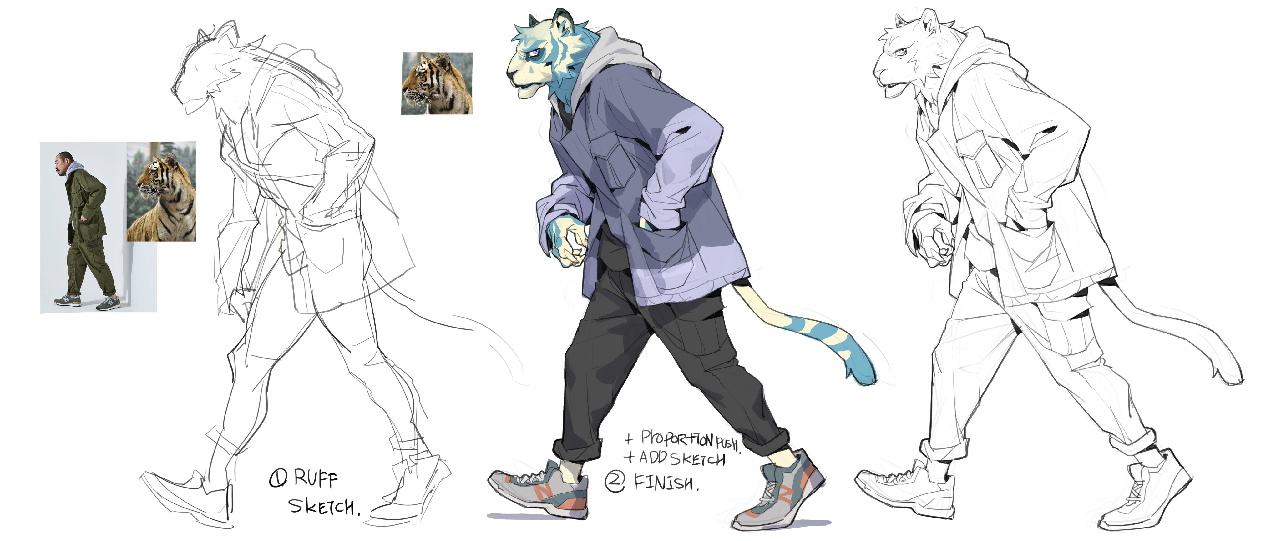the image showcases the creation process of a furry anthropomorphic tiger character.  it begins with a rough sketch (1) showing the general pose and body structure, referencing a human in similar clothing and a real tiger image.  this is followed by a more refined sketch (2) where the proportions are adjusted and further details are added. finally, a fully rendered color illustration (3) shows the finished character design in streetwear fashion, including details like clothing and shoes. the image provides a clear stepbystep walkthrough of the artist's workflow, highlighting the progression from a basic sketch to a complete artwork.