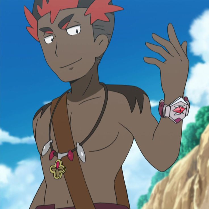 a male anime character with red hair and tanned skin. he is wearing a necklace and a wristband. he is looking toward the right and smiling, as if he is happy and friendly. he is outdoors in a mountainy setting, and the background is a blue sky with white clouds.