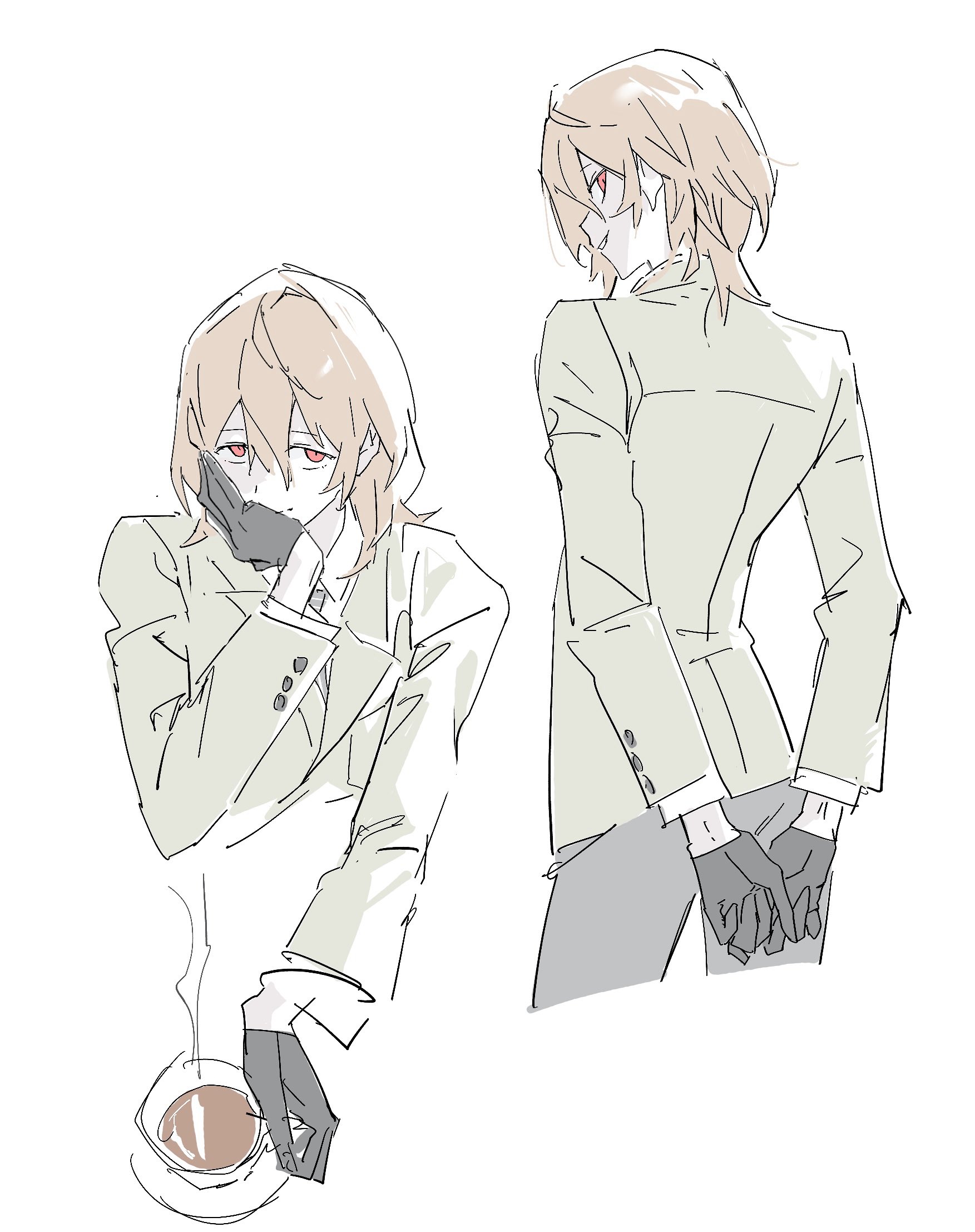 two anime characters are drawn in an illustration. the left character is holding a cup of coffee or tea and is looking down at the cup. they are wearing a white blazer. the right character is looking away with a closed hand behind their back. the character is also wearing a white blazer. both characters are wearing black gloves. the background is plain white. the illustration is drawn with line art and a simple monochrome color palette.