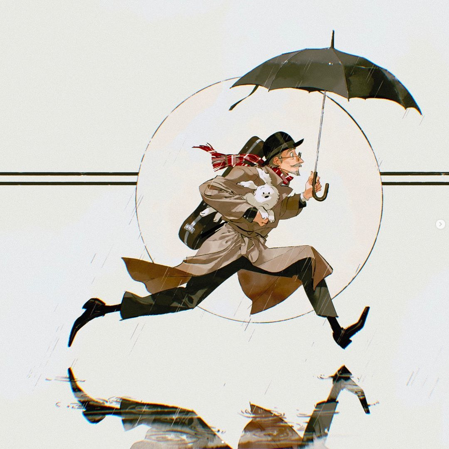 a man wearing a long coat, a hat, and glasses, with a white dog under his arm, runs through the city while holding an umbrella above his head. the rain is coming down, creating puddles on the sidewalk. the man is in midair, jumping over a puddle, and his reflection can be seen in the water below. he is carrying a violin case on his back.
