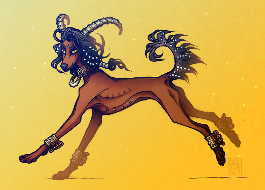 the image is an illustration of a stylized, fantastical dog running against a yellow background. the dog is brown with black hair and has ornate silver jewelry around its neck and on its ankles. its hair is adorned with white dots and it has large, curved horns on its head. the dog's tail is curled and also decorated with white dots. the overall style is cartoonish but detailed, with a clear use of shading and linework.