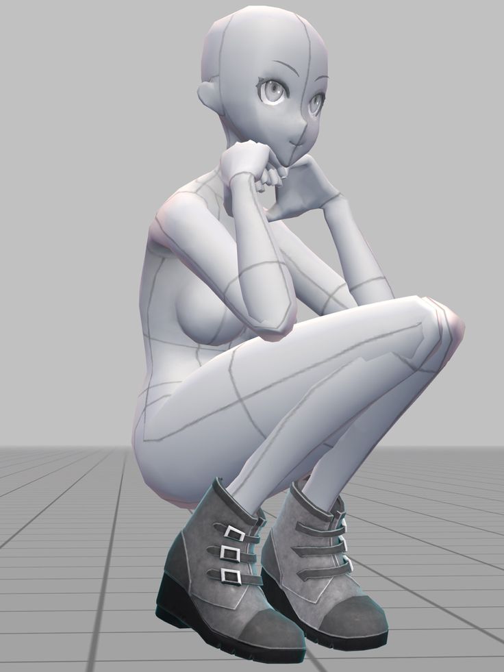 this image is a 3d render of a female anime character with white skin and grey boots. she is sitting with her legs crossed and her arms crossed, looking over her shoulder.  the background is a checkered pattern, with a grey and white color scheme.
