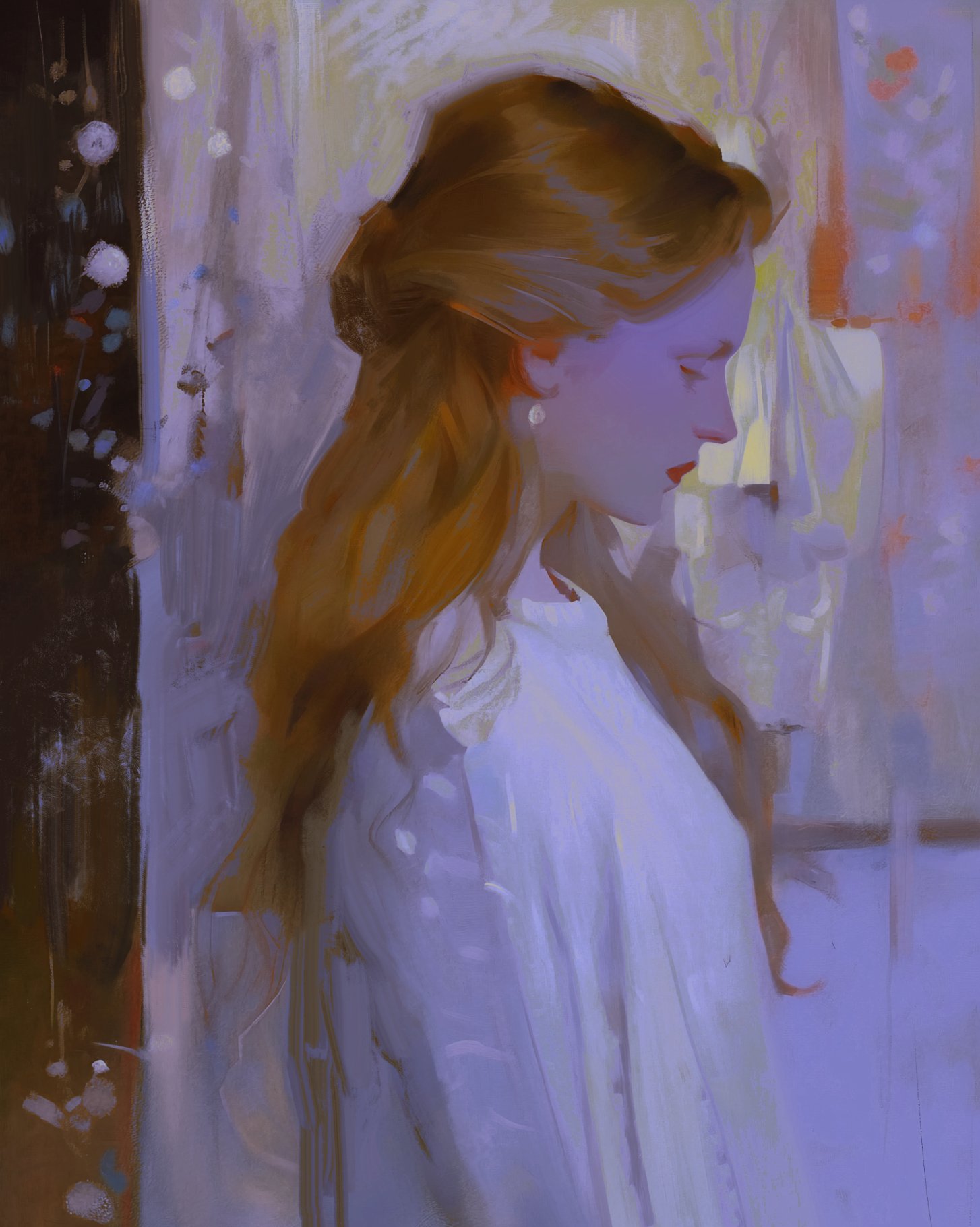 a portrait of a woman with long red hair wearing a white shirt. the woman is looking down and has a soft, delicate expression on her face. the painting is done in a digital style and features a purple background. the lighting in the painting is soft and creates a sense of intimacy. the overall mood of the painting is one of peace and tranquility.