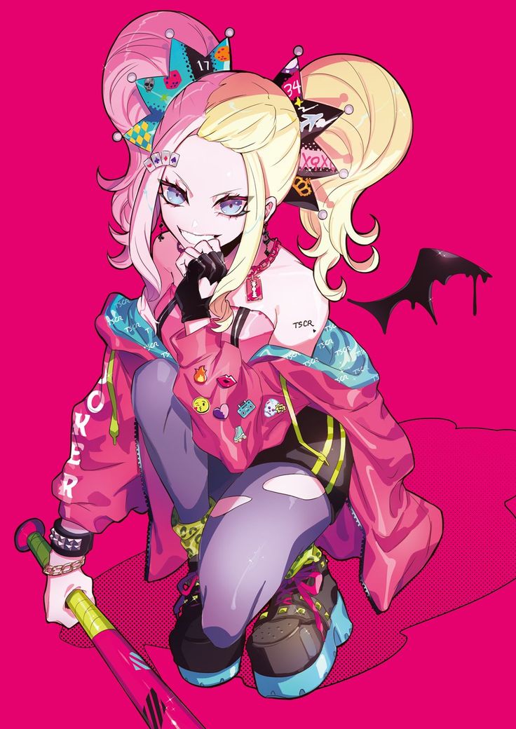 this is a digital illustration of an anime girl with pink and blonde hair. she is wearing a bright pink and blue jacket and black pants with ripped knee.  she has a devilish smile and has a baseball bat in her hands. she also has black bat wings and is wearing a lot of jewelry and accessories. the background is a hot pink color.  the image is very colorful and vibrant.  the girl's expression is playful and she is posed in a way that is both cute and cool. the overall style of the art is anime and mangainspired and uses a lot of stylized elements.