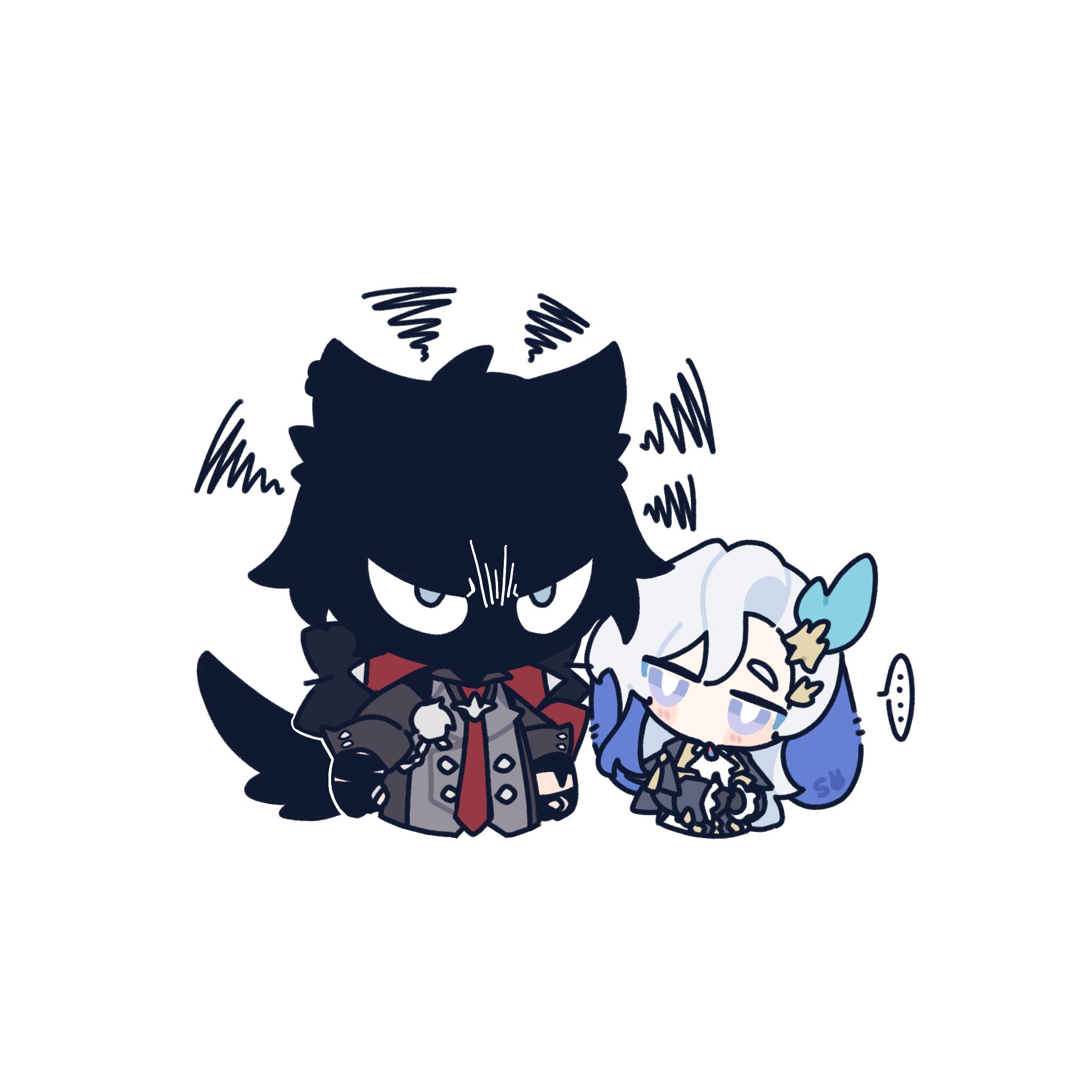 the image is a digital drawing featuring two chibistyle characters. the character on the left is a darkcolored wolflike creature with a stern expression, wearing a red tie and dark jacket. it is seemingly annoyed or frustrated. next to it, the character on the right is a lightcolored girl, with a calmer, almost passive expression, wearing a blue and white dress. the illustration is done in a simple style with black outlines and muted color palettes. the background is white. the characters' expressions and body language suggest an interaction between them, perhaps conflict or tension, contrasted with the characters' cute style.