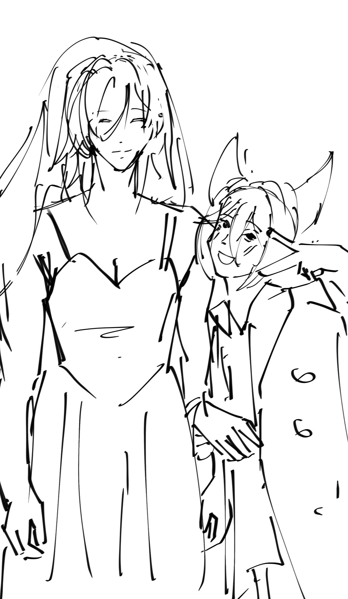 this is a line drawing sketch of two women, a girl in a dress and a girl in a coat. they are both holding hands and smiling at each other. they appear to be very close friends.  the drawing is done in black and white and is very simple.