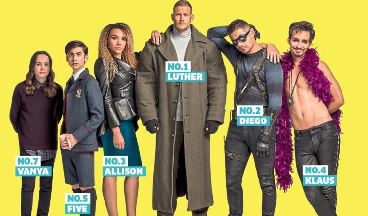 the promotional image showcases the main cast of the netflix series "the umbrella academy" lined up in a row against a vibrant yellow backdrop. each character is labeled with their ranking within the academy, ranging from number 1 (luther) to number 7 (vanya).  they are all dressed in their distinctive costumes, reflecting their personalities and powers. the image conveys a sense of fun and chaos, hinting at the unconventional dynamics of this superhero family.  the overall aesthetic suggests a playful, comic book style with a modern twist.