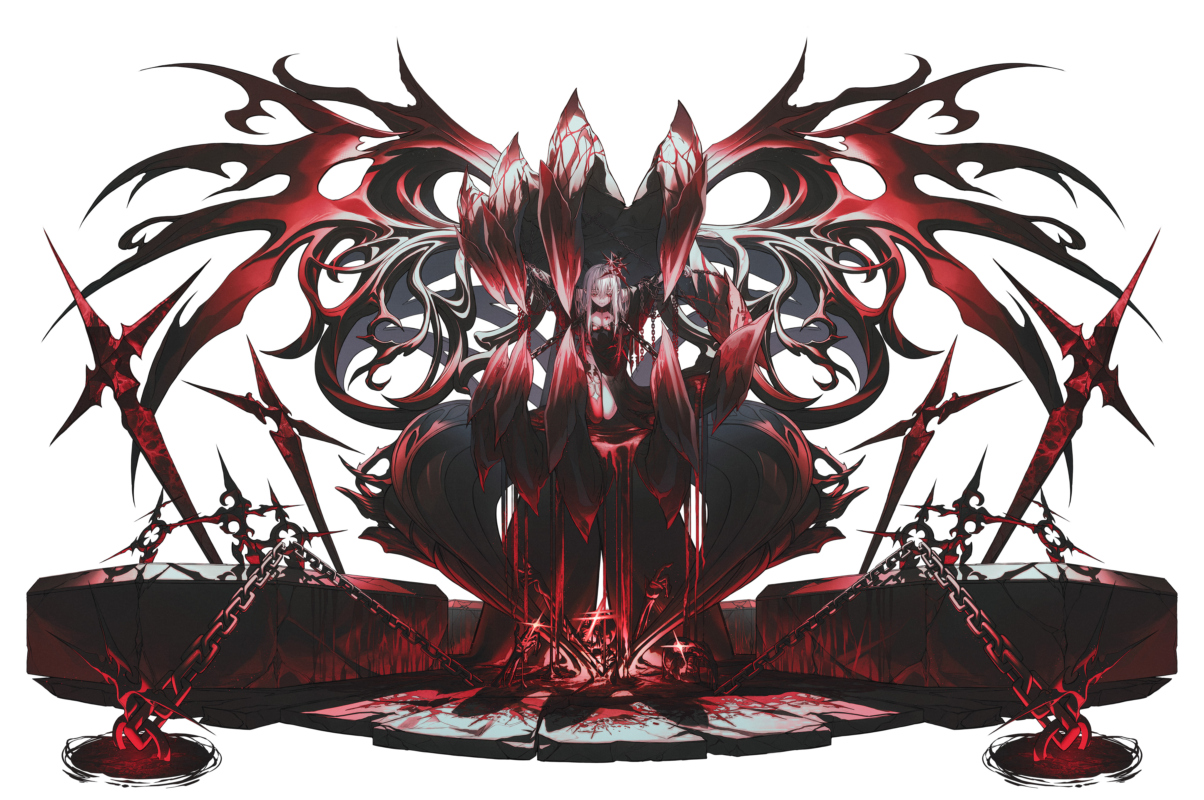 a menacing, demonic figure with black horns and red skin sits atop a stone throne. the throne is adorned with chains and spikes, adding to the sinister atmosphere. the figure appears powerful and evil, radiating a dark energy. the overall composition evokes a sense of dread and horror.