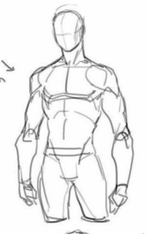 a sketch of a male figure, showing the torso and arms of the body. the sketch is drawn in pencil and outlines the basic shapes of the body. the drawing is a simple, gestural sketch, showing the artist's understanding of human anatomy. the figure appears to be in a standing position with the arms bent at the elbows.