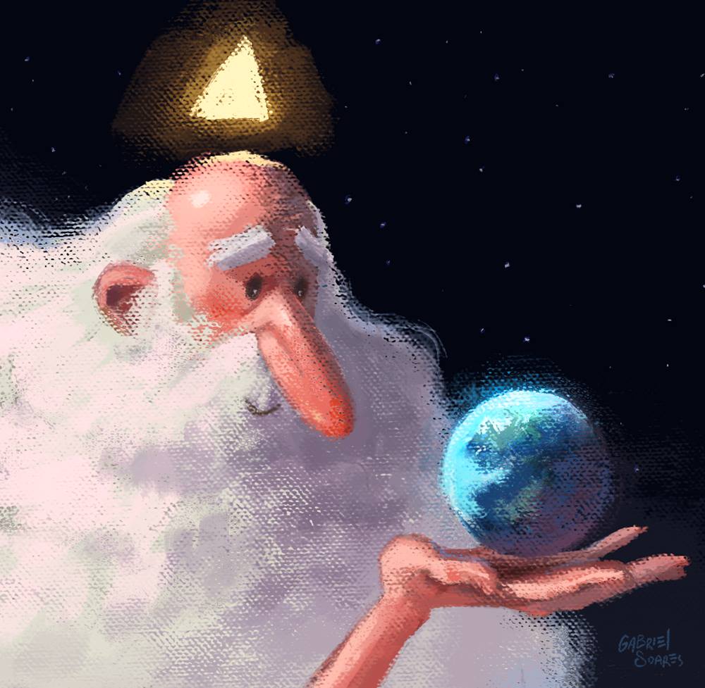 a digital art illustration depicts a cartoonish, elderly man resembling god with a long white beard, a large pink nose, and a bald head with a triangle of light floating above it. he gazes at a small blue and green planet, presumably earth, held in the palm of his hand. the background is a dark, starry sky. the artist's signature, "gabriel soares," is visible in the bottom right corner.