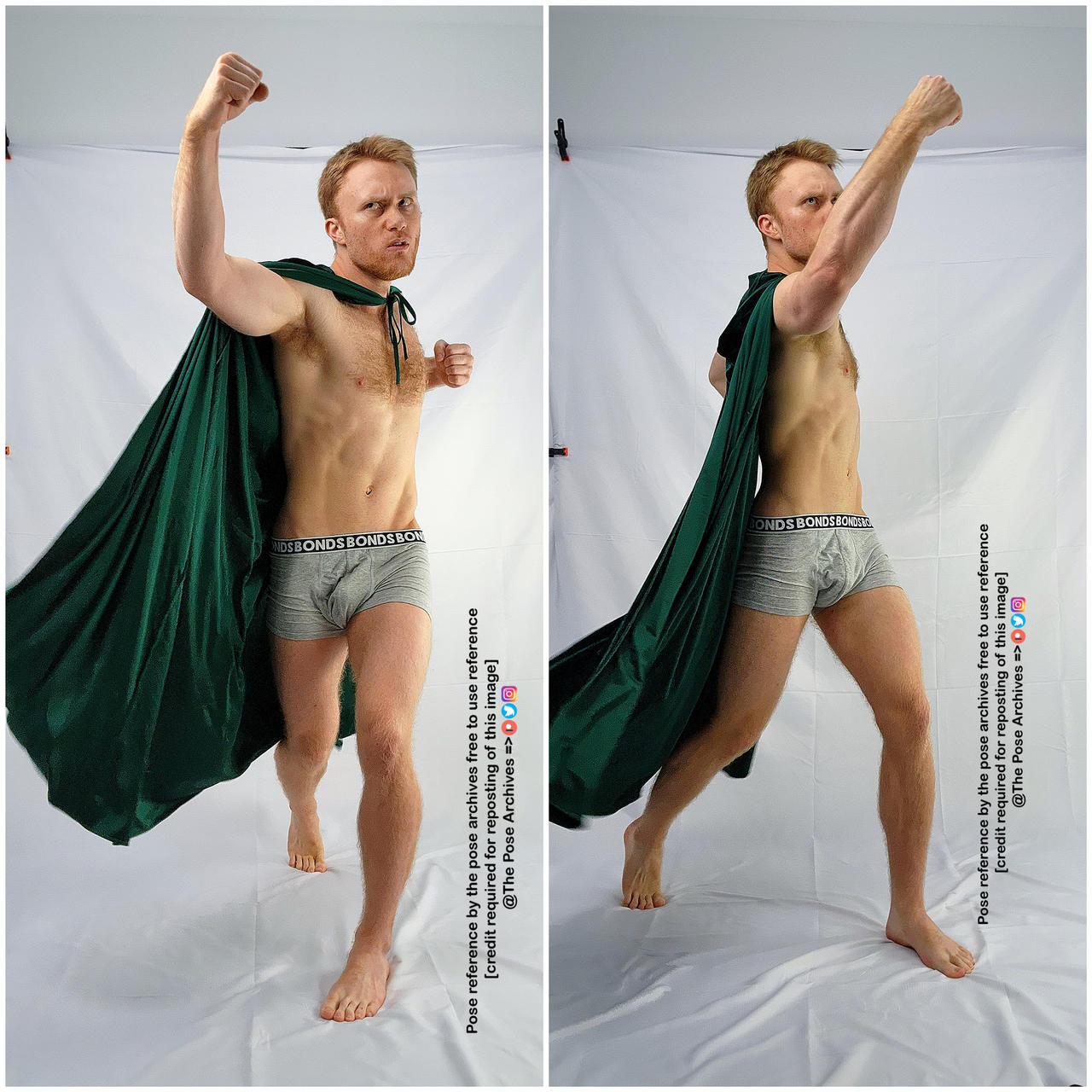 the image features a young, muscular man with reddish hair posing against a white backdrop. he is wearing grey boxer briefs and a long, flowing green cape. in both photos, he strikes a dynamic, actionhero pose, as if running or flying, with one fist raised and a determined expression. the lighting is soft and even, highlighting his physique. this image is intended as a pose reference for artists.