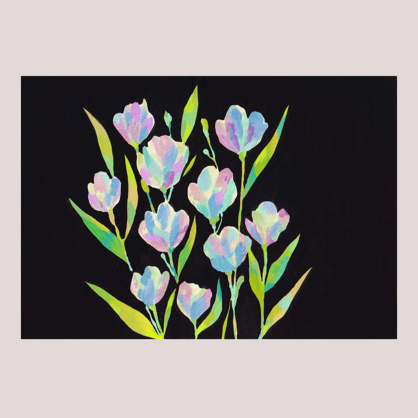 he image is a vibrant painting of a bouquet of flowers on a black background.  the flowers are rendered in a style suggestive of impasto, with visible brushstrokes and textured surfaces. their colors are predominantly pastel shades of purple, blue, and green, creating a soft yet striking contrast against the dark background. the leaves are stylized and elongated, adding to the painting's overall modern feel. the artwork has an abstract quality while still clearly depicting flowers, making it suitable for various decorative or artistic purposes.