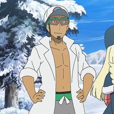 an anime man with tan skin and black hair pulled back with a white headband and green goggles perched on a white hat is standing in the snow. he is wearing a white, open lab coat over a green swimsuit.  he has his hands on his hips.  in the background are snowcovered pine trees and snowcapped mountains.  the lighting is natural and the perspective is at eye level.