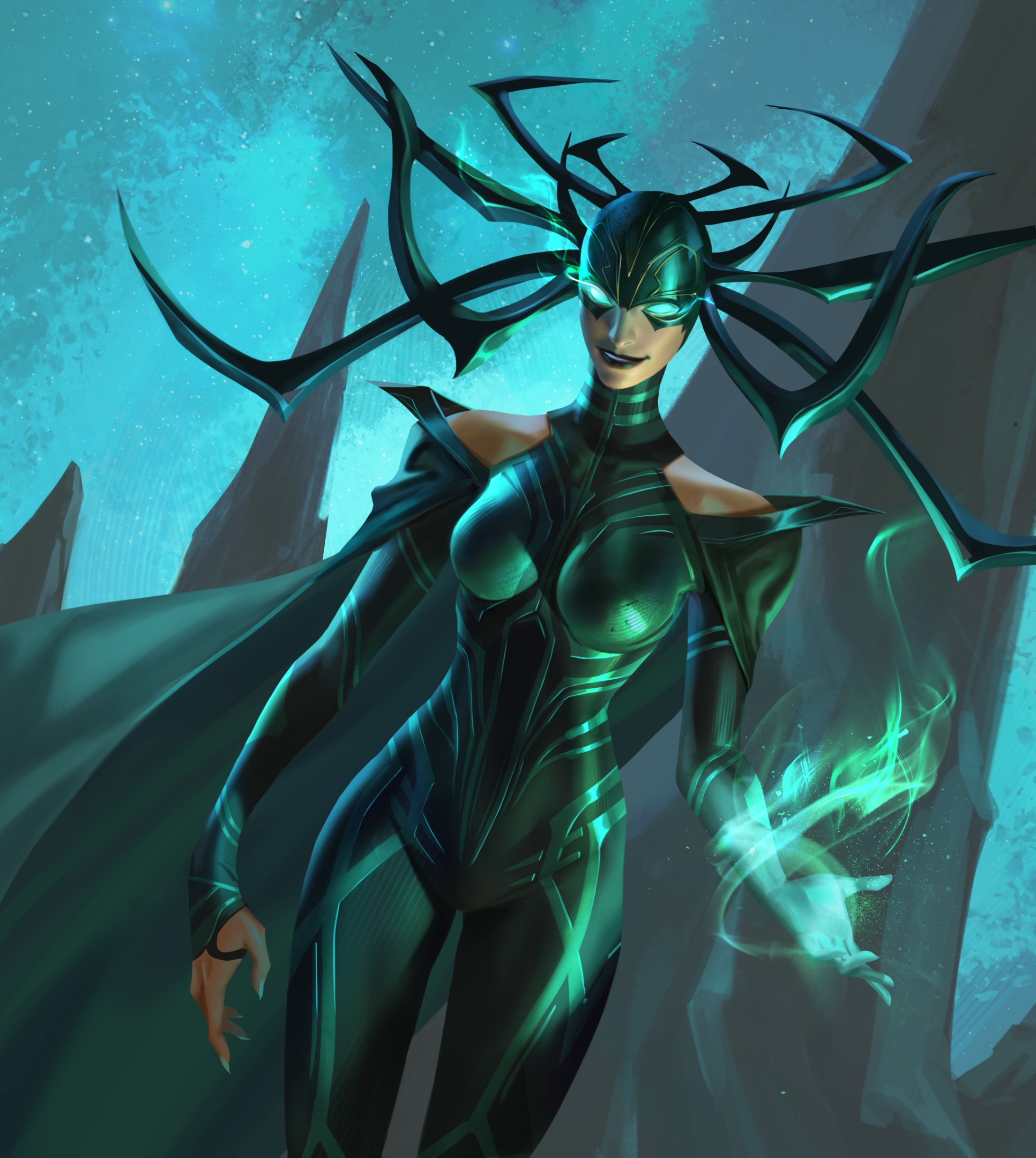 a female superhero, possibly a villain, stands in a dark, fantastical environment. she is dressed in a green, mystical costume and helmet, and her hand is glowing with energy, possibly magic. she has a fierce expression on her face and her powerful stance suggests she is ready for battle.