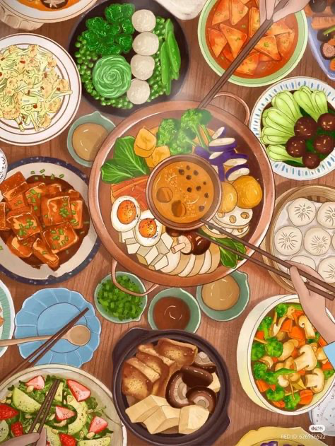 the image is a vibrant, detailed illustration depicting a large, lavish chinese dinner party.  a variety of dishes are arranged on a wooden table, viewed from directly above. the centerpiece is a large copper hot pot bubbling with various ingredients like vegetables, tofu, and eggs.  surrounding the hot pot are numerous other dishes, including stirfries with colorful vegetables and mushrooms, steamed buns (possibly baozi), and dishes featuring tofu.  there's a sense of abundance and family togetherness; hands are partially visible using chopsticks to partake in the meal. the overall style is cheerful and appetizing, with a focus on the rich colors and textures of the food.