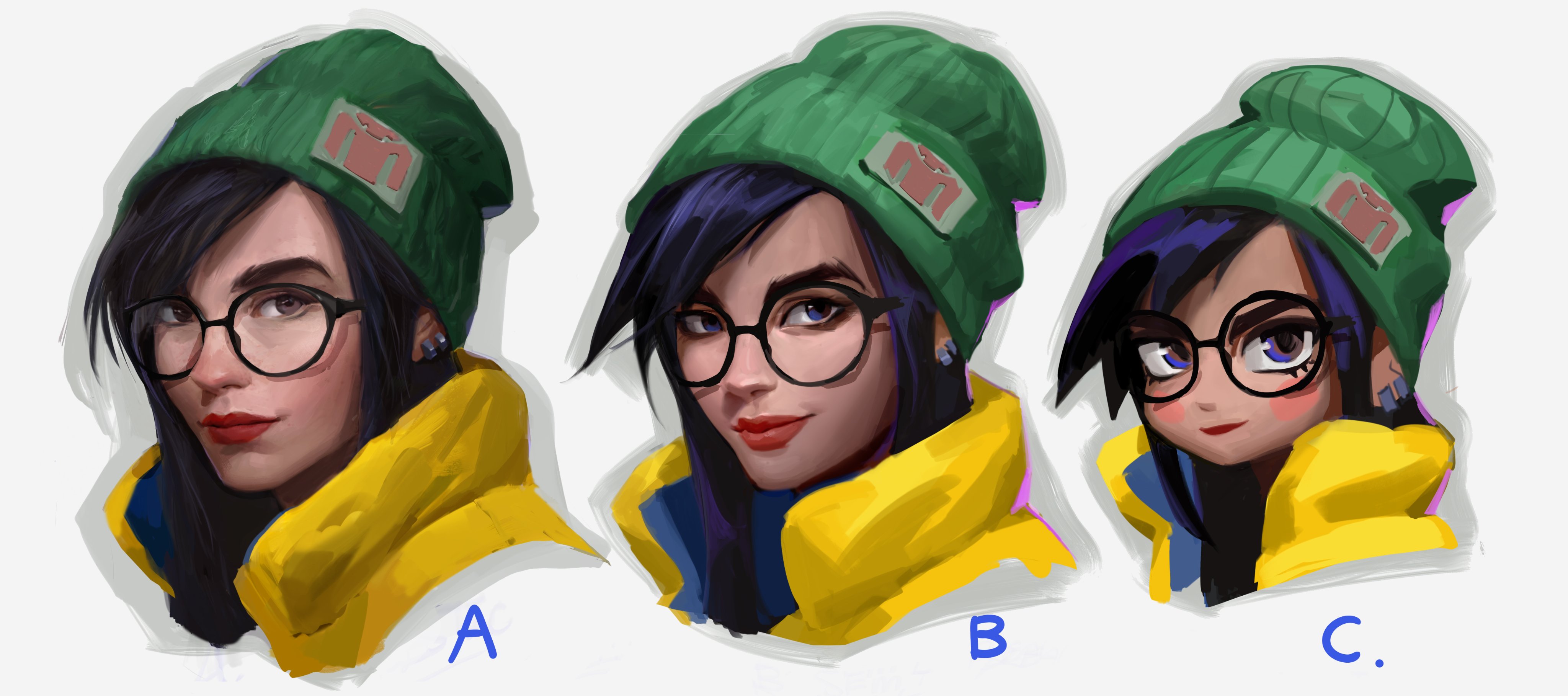 the image shows three digital paintings of a young woman's head and shoulders. she is wearing a green beanie with a small patch on it, round glasses and a yellow jacket. the three versions (labeled a, b, and c) display slight variations in style and features. version a has a more realistic style, version b maintains a similar style but with more pronounced features. version c has a more cartoonish style with exaggerated features, particularly the eyes and cheeks.  the background is plain white to focus attention on the character variations. the image appears to be concept art or part of a character design process showcasing different artistic interpretations of the same base character.