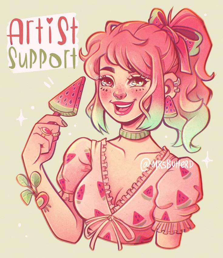 a digital illustration of a cute cartoon girl with pink and green hair holding a watermelon popsicle. she is wearing a pink watermelon printed top with a bow and is smiling happily. the illustration is styled in a summery and sweet way, with bright colors and a whimsical feel. it encourages people to support artists, promoting a sense of community and creativity. the background is a soft green color.