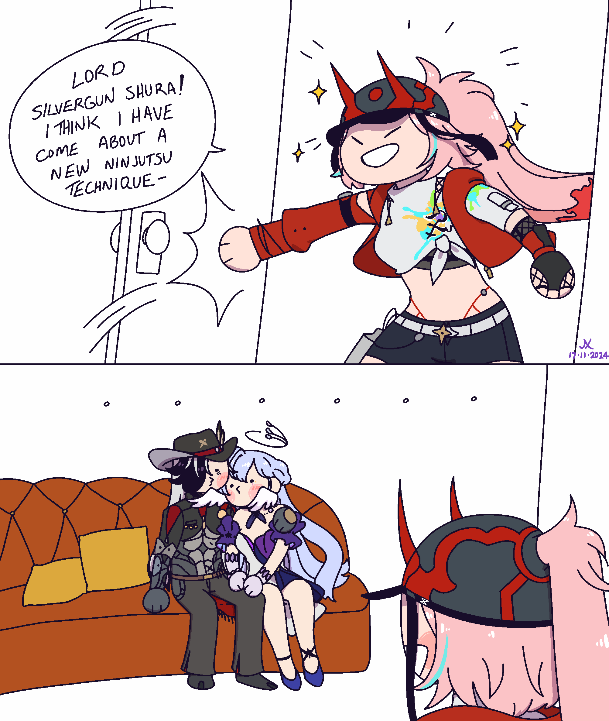 the image is a twopanel comic. in the first panel, a character with pink hair and a red and black helmet is excited to share a new ninjutsu technique with "lord silvergun shura," knocking on a door to present it. the second panel reveals two characters sitting on a couch and sharing a kiss, one dressed in a cowboylike outfit and the other with blue hair. the pinkhaired character from the first panel is shown at the right, peering in and is seemingly surprised by the scene.