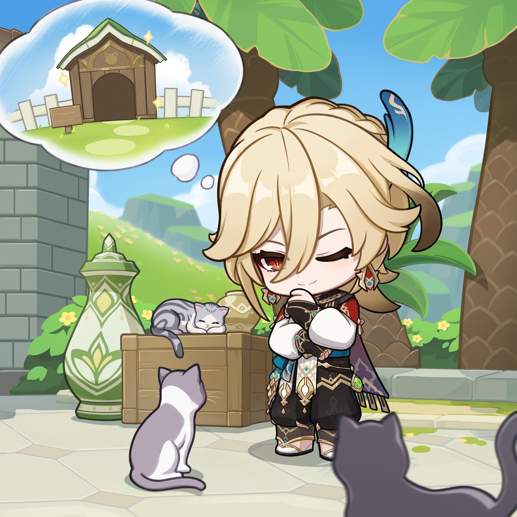 a chibi anime character from the video game genshin impact is standing in front of a house in a garden while dreaming of a house for his cats. two cats sit in the foreground of the image while a third cat sleeps on a nearby wooden box. the anime character is wearing a blue and gold outfit and a black turban with a feather. the character is smiling and has a happy expression on their face as they dream about the house for their cats.