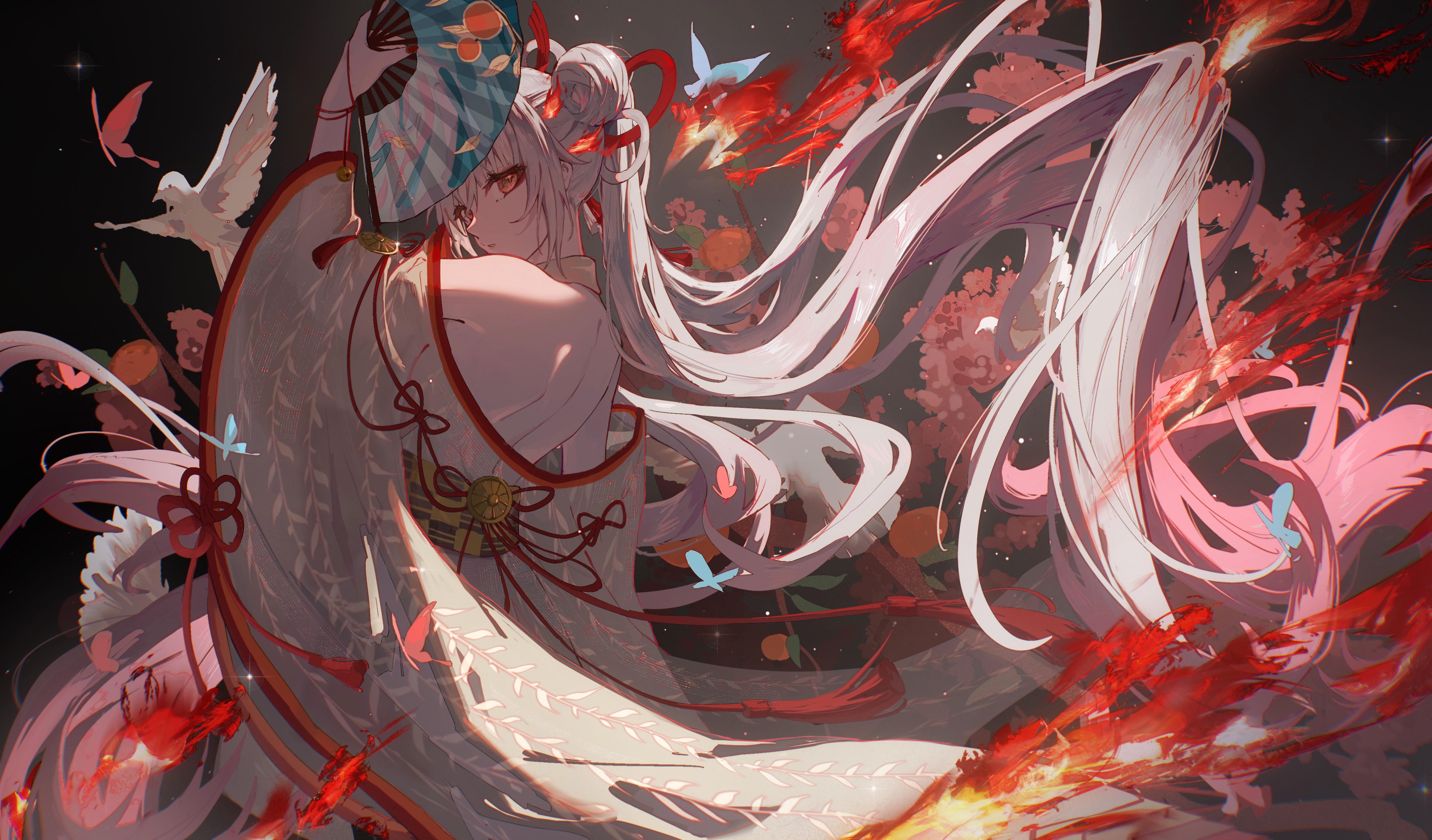 the image shows an animestyle woman with long, flowing white hair and red eyes, glancing over her shoulder. she is wearing a traditional kimono and holding a fan. a white bird and several butterflies are scattered around her. fire and flowers add to the dynamic composition, all set against a dark background.