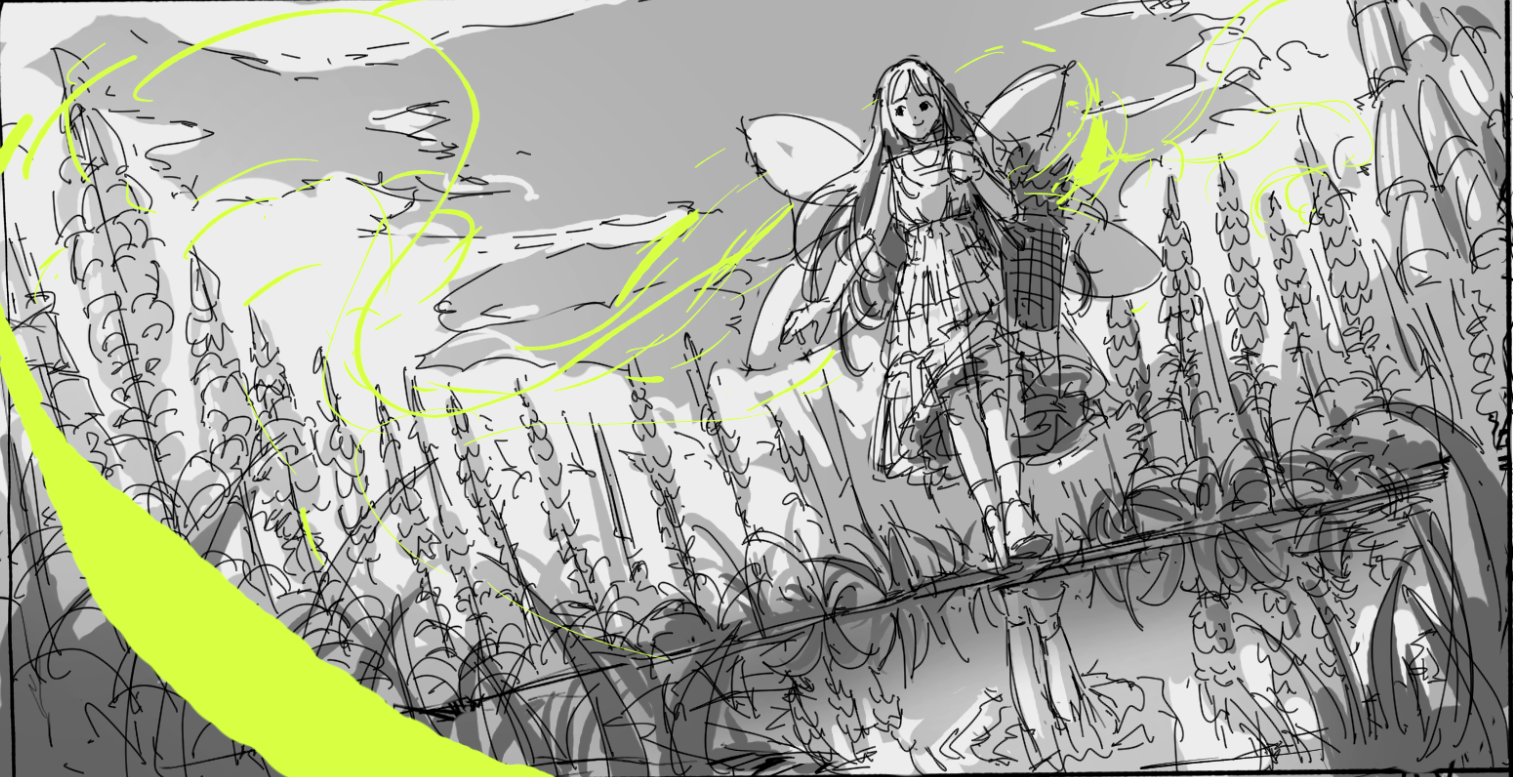 the image is a digital sketch or concept art piece featuring an animestyle girl with fairy wings. she is depicted standing on a wall or ledge amidst a stylized forest of tall, slender plants. the style is loose and expressive, with visible lines and shading indicating a work in progress. the color palette is predominantly grayscale with accents of a bright, chartreuse yellow in the background, suggesting a sense of movement or magic. the overall mood is whimsical and ethereal.