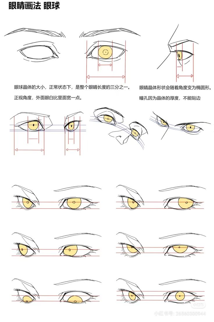 he image is a tutorial on how to draw anime or manga eyes. it shows various stages of drawing eyes from different angles and perspectives.  the tutorial includes detailed instructions in chinese regarding the size and shape of the iris, pupil, and sclera relative to the overall eye structure.  multiple examples of eyes are displayed, demonstrating the changes in appearance depending on the viewing angle.  the drawing style is clean and concise, making it easy to follow.