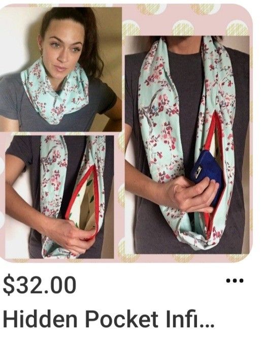 a promotional image shows a woman wearing a light blue infinity scarf with a floral pattern. the scarf has a hidden pocket, which is shown being used to hold a blue wallet. the price of the scarf is listed as $32.00, and the product name is "hidden pocket infi..."