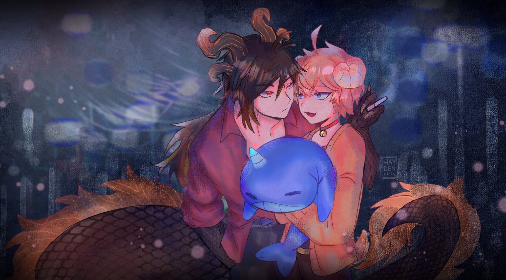 a digital art illustration of a dragon man with red and black horns and a man with curly blond hair, both are dressed in bright clothes. the dragon man has his arm around the blond man's shoulder. they are standing on the background of a cityscape at night and are looking at the viewer. there is a fluffy blue toy, possibly a narwhal, in the blond man's hand.