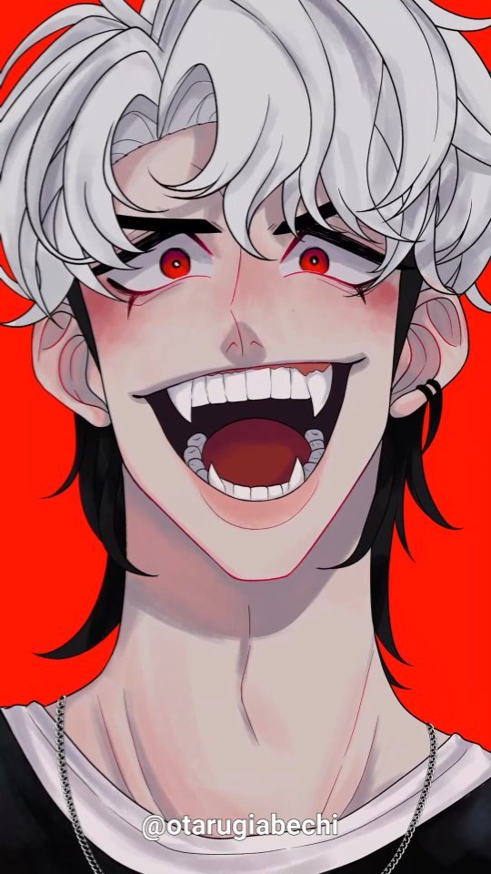 the image is a digital drawing or fanart depicting an animestyle male character. he has striking white hair styled in a slightly messy fashion that falls around his face, framing vibrant red eyes.  his most noticeable features are sharp fangs and a wide, almost manic, smile showing his teeth. his skin is pale, and he has a slight blush on his cheeks. he’s wearing a simple black shirt with a silver necklace. the background is a solid, bold red, contrasting sharply with his pale skin and white hair. the overall style leans toward a more stylized and slightly edgy aesthetic. the artist's watermark "@otarugabechi" is visible at the bottom center.