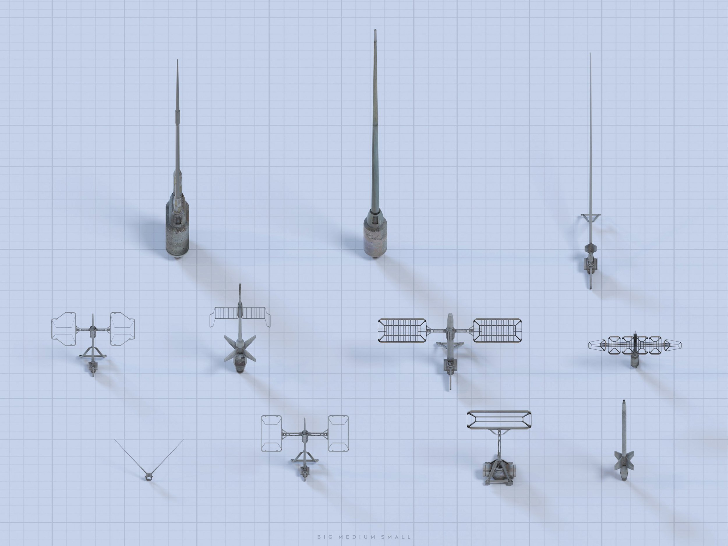 the image presents a collection of isometric 3d models of various satellites and antenna structures, displayed on a gridded background resembling a blueprint.  the models vary in size, ranging from large, tall antenna arrays to smaller, more compact satellites.  they're rendered in a muted gray color, suggesting a wireframe or lowpoly style. the bottom of the image has the caption "big medium small", which clarifies the size categories for the different models. the overall impression is that of a technical design overview or catalogue of different spacerelated equipment.