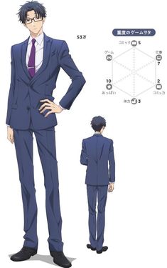 this image shows a character design sheet of a man in a suit with glasses. the character is shown in both a front and back view. the sheet also includes a chart with japanese text, likely related to the character's personality or attributes. the overall color palette is muted with blues, grays, and white.