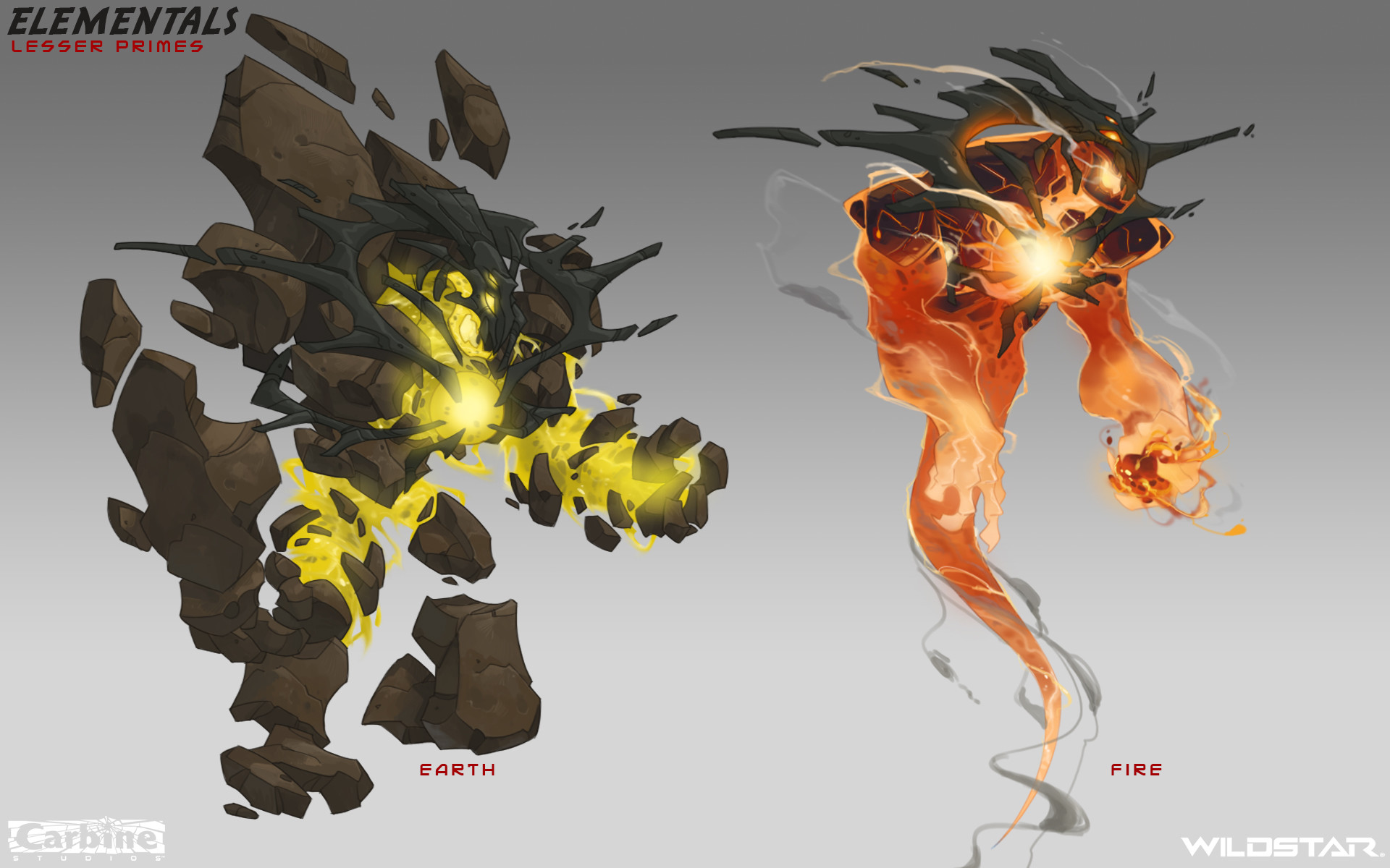 the image showcases two character designs labeled "elementals, lesser primes." the left design, labeled "earth," features a humanoid figure made of jagged brown rocks with cracks revealing a bright yellow, glowing core. the right design, labeled "fire," depicts a more ethereal humanoid form composed of swirling orange and red flames with a similar bright yellow core. both figures stand in a dynamic pose against a neutral grey background.  the art style appears to be digital painting, utilizing a combination of sharp lines and painterly textures.