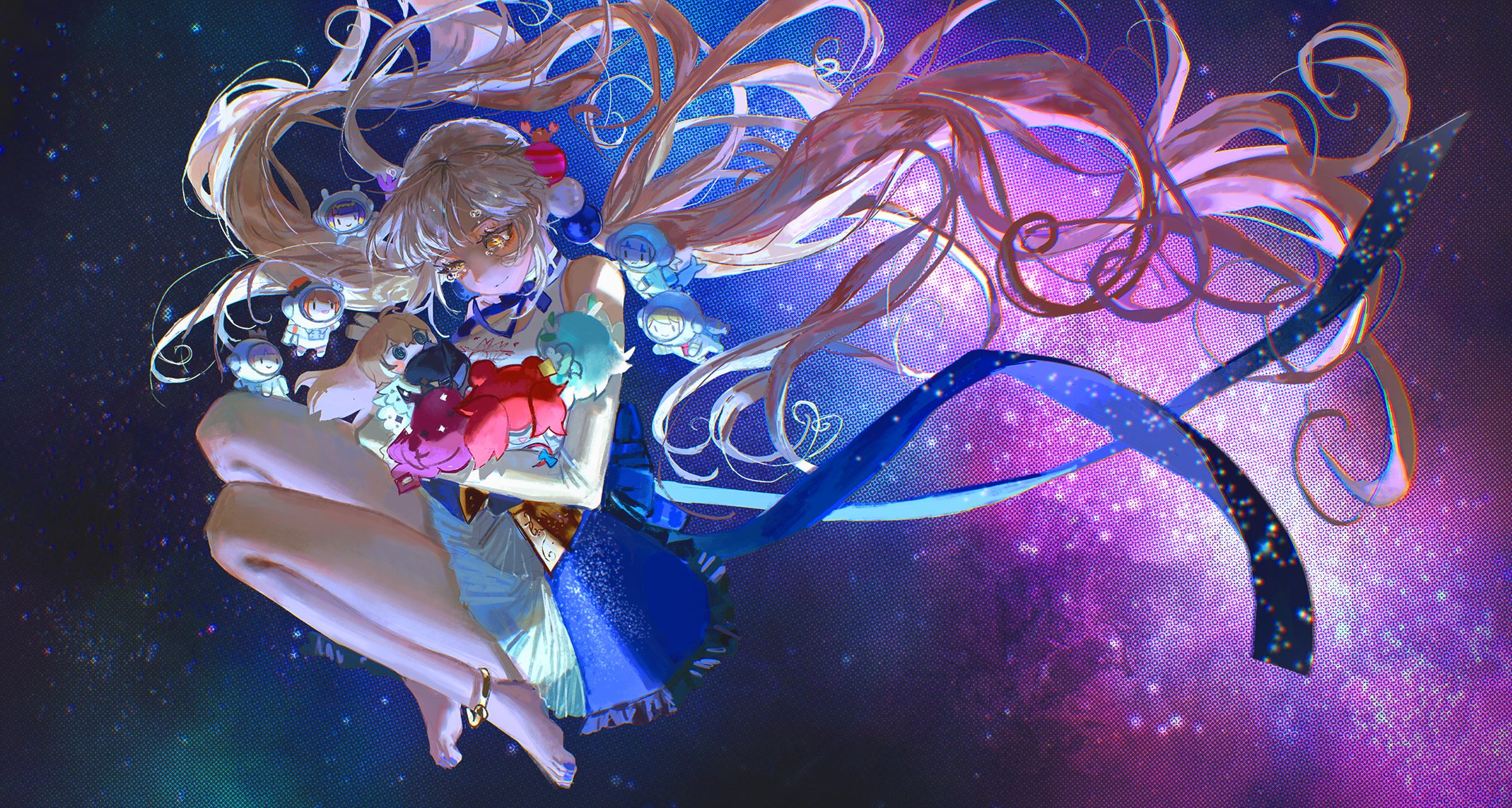 the image showcases a whimsical animestyle girl with long, flowing blonde hair, floating in a vibrant cosmic setting filled with stars and a nebula. she's dressed in a blue and white dress and holds several small, cute astronautlike plushies. her hair gracefully extends across the scene like ribbons, adding to the dreamy atmosphere. the overall style is lively and fantastical, indicative of digital art or illustration.